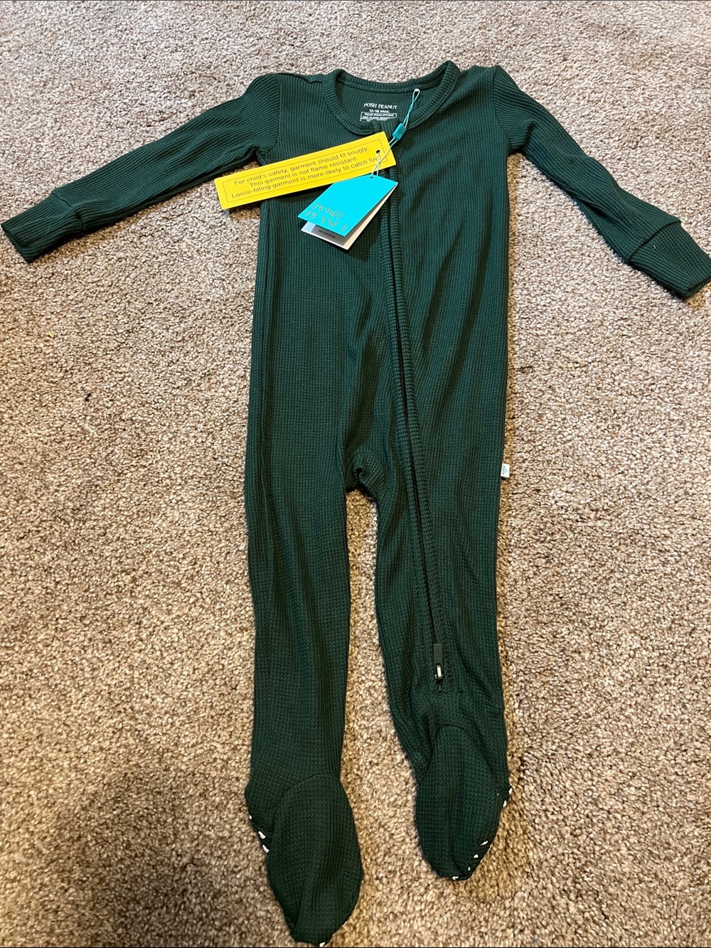 Posh Peanut Waffleknit Kids Green Footed One-Piece Zipper Pajama